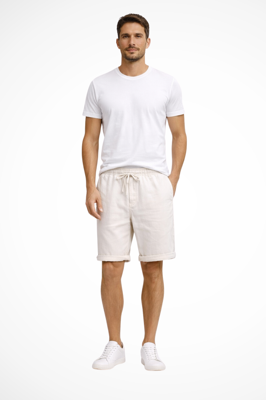 Comfortable men's knee-length casual shorts with elastic waist and drawstring for a relaxed fit. Men's clothing.