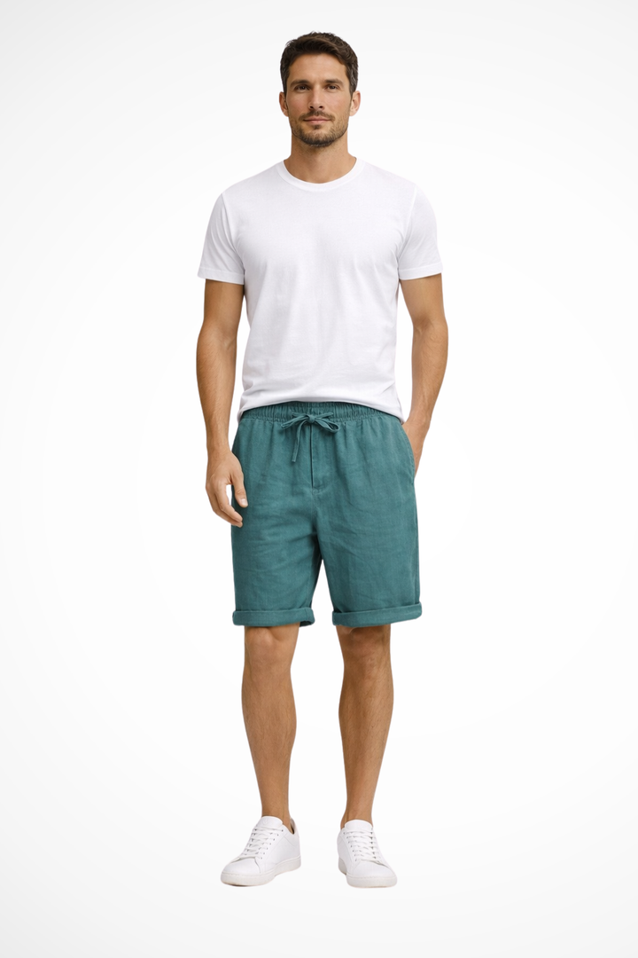Classic men's casual shorts, drawstring elastic waist, knee-length, relaxed fit, perfect for summer outings.