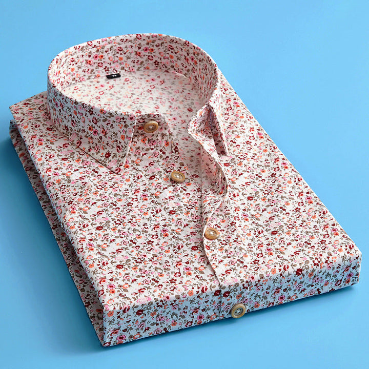 Men's casual floral print short sleeve button-up shirt made from breathable cotton, perfect for summer fashion.