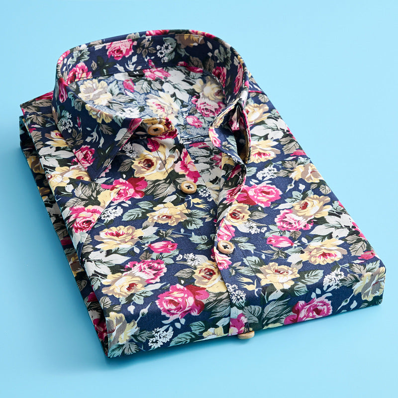 Trendy men's button-up shirt featuring a vibrant floral print, ideal for casual everyday wear.
