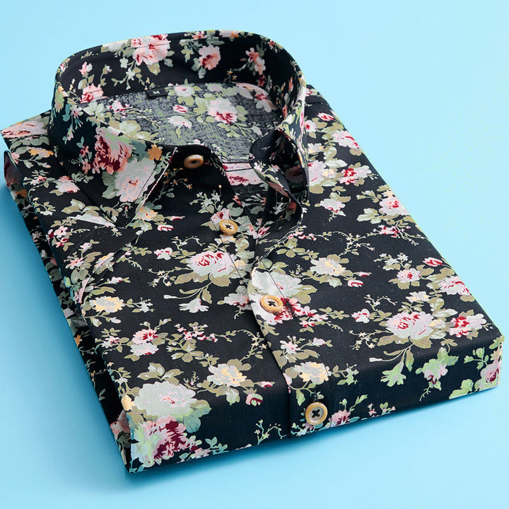 New men's cotton short sleeve shirt with an eye-catching floral pattern, suitable for summer outfits.