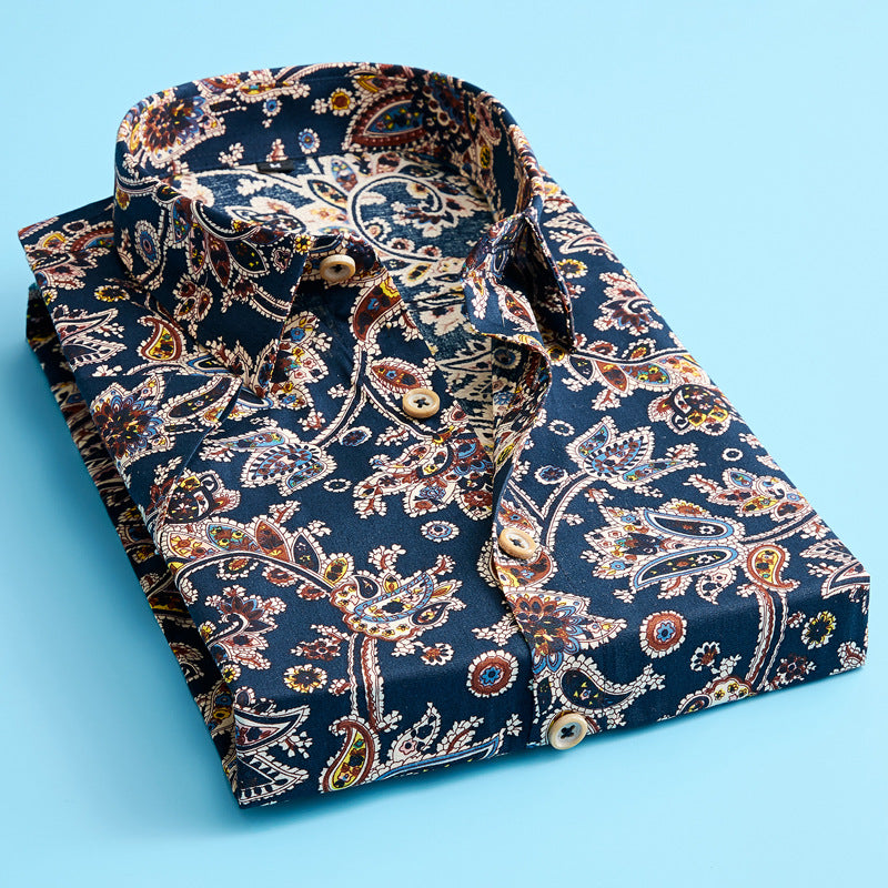 Casual men's clothing: floral print button-up shirt, a stylish and comfortable option for warm weather.