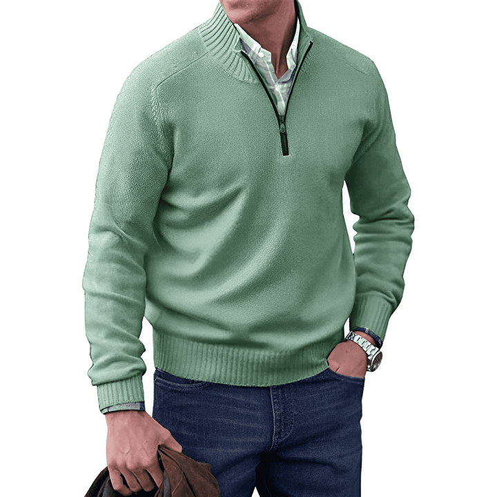 Front view of a men's full-zip sweater, long sleeves, perfect for fall fashion and everyday comfort.