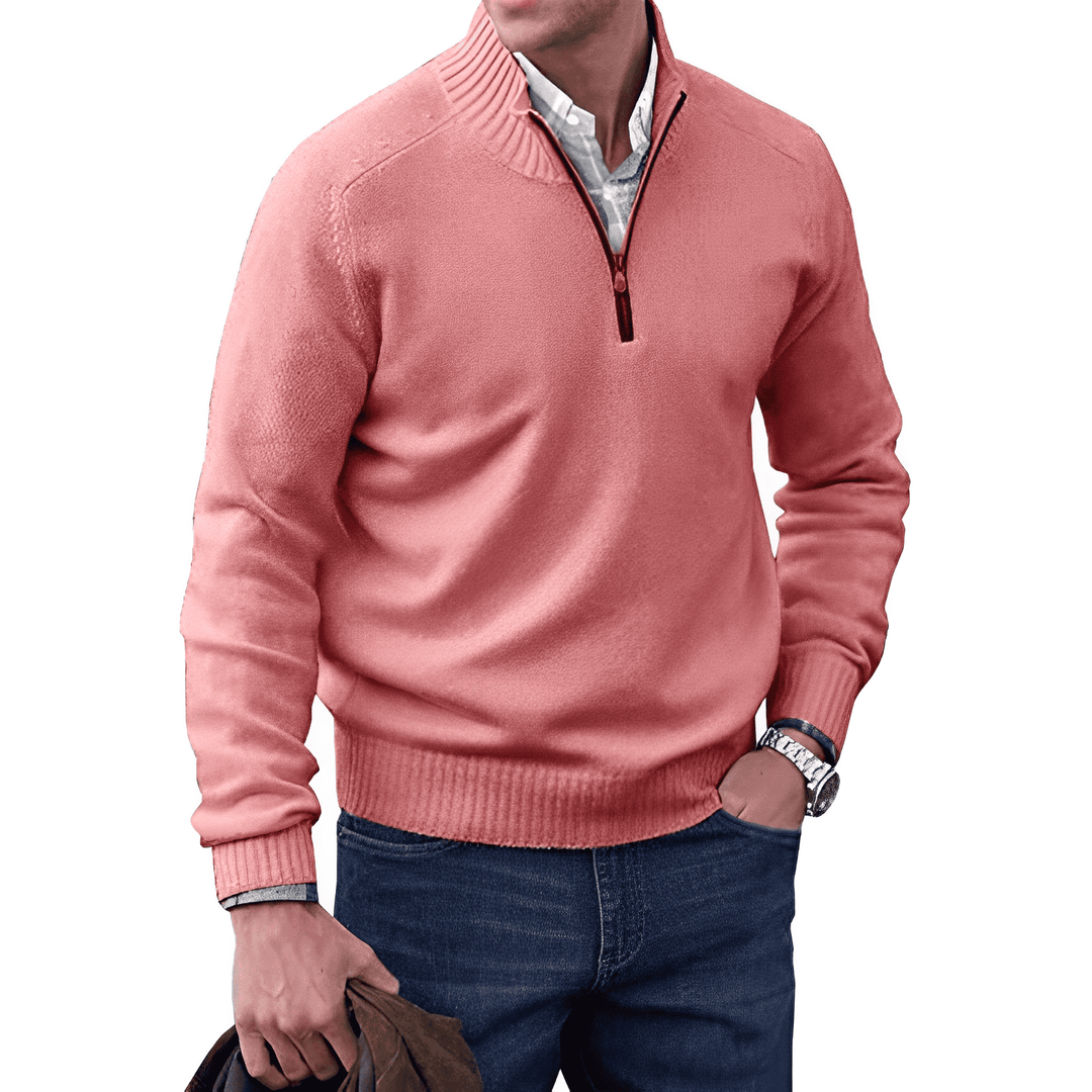 Close-up of the zipper detail on a men's casual long sleeve sweater, highlighting quality.