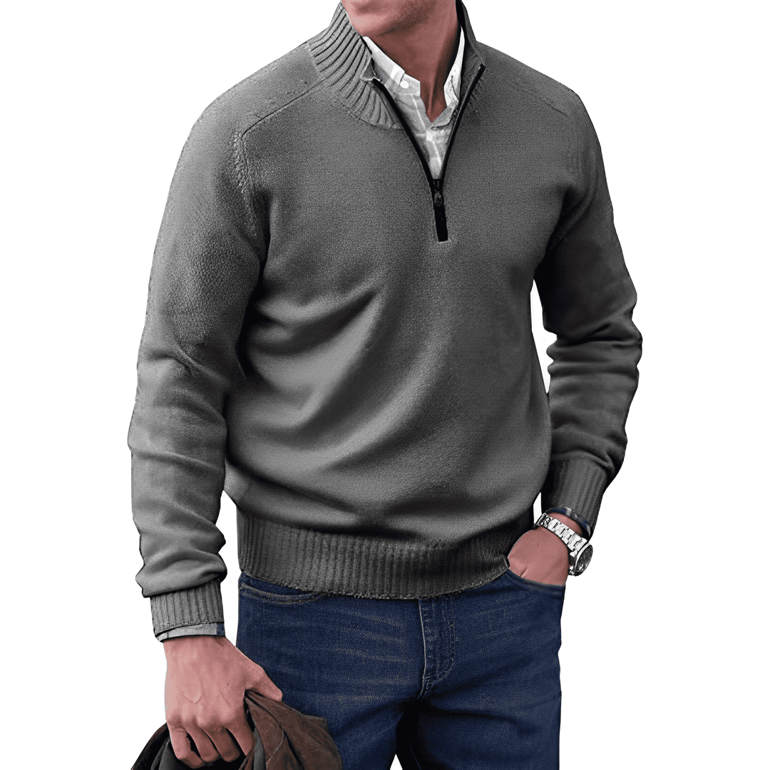 Side profile of a man wearing a comfortable full-zip sweater, long sleeves, showcasing the fit.