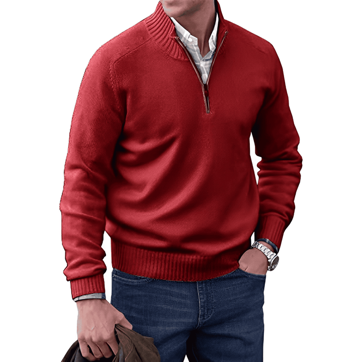 Back view of a men's long sleeve full-zip sweater, emphasizing its versatile design.