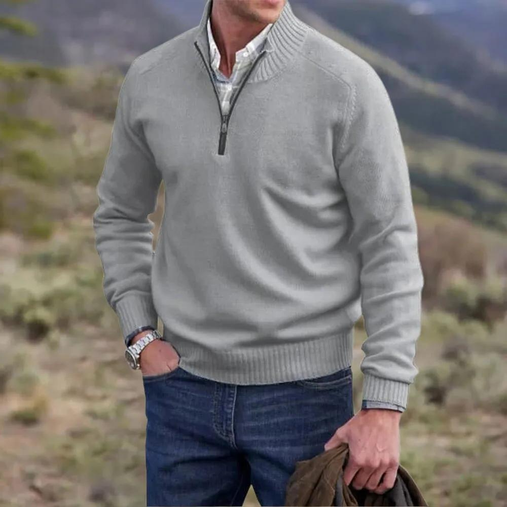 Texture detail of the fabric on a men's full-zip sweater, soft and comfortable for all-day wear.