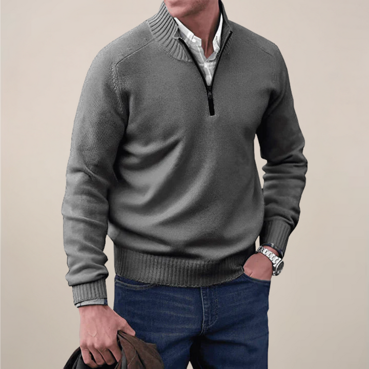 Men's casual grey half-zip knit sweater, perfect for versatile spring fashion
