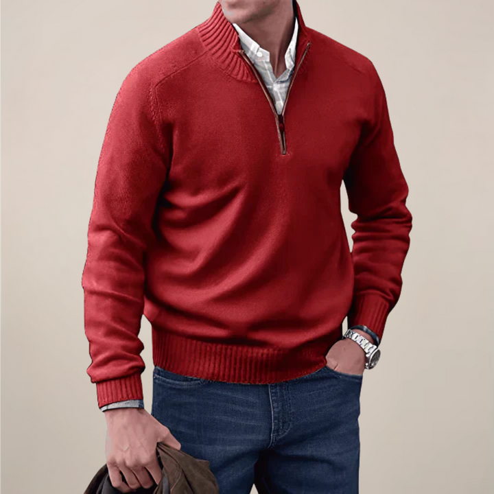 Fashionable men's half-zip knit sweater, showcasing its soft texture and fit