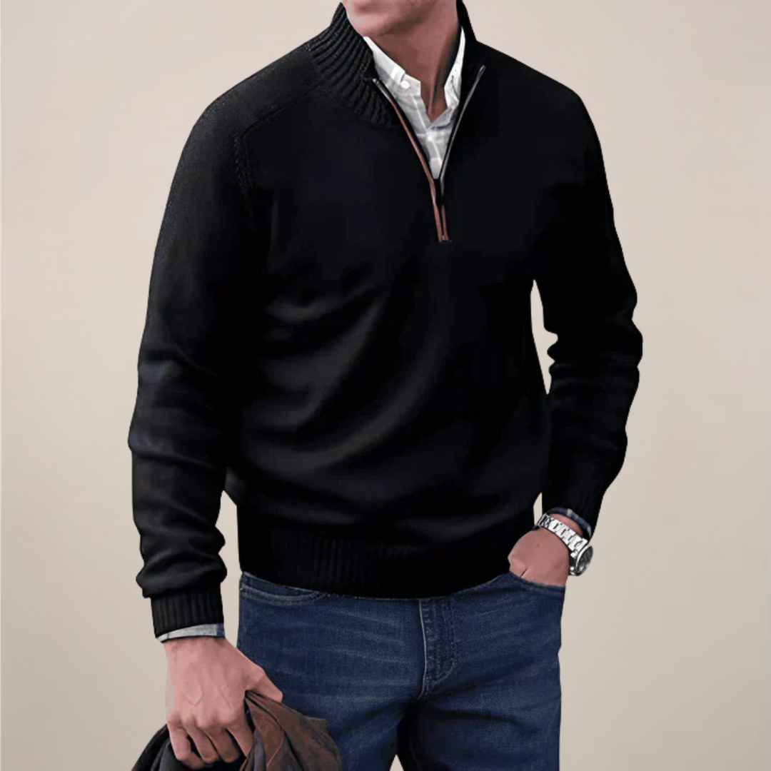 Close-up of a men's long-sleeve half-zip sweater in a soft knit fabric