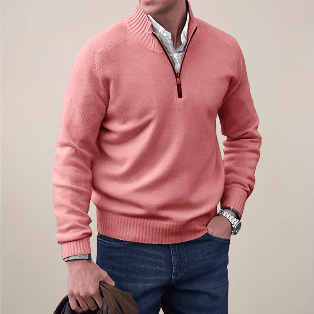 Front view of a versatile men's half-zip knitwear, available in various colors