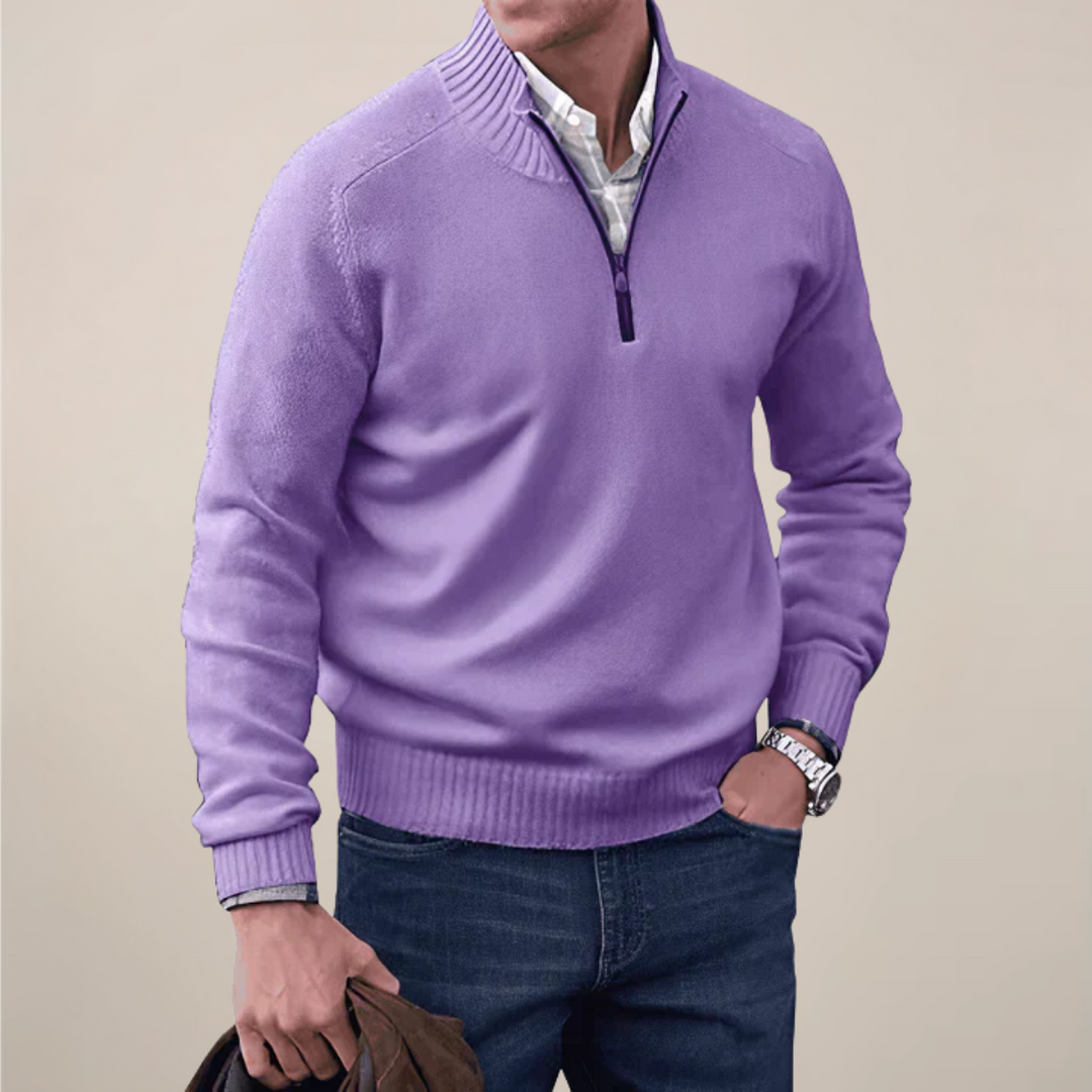 Detailed image of the ribbed collar and half-zip on a men's casual sweater