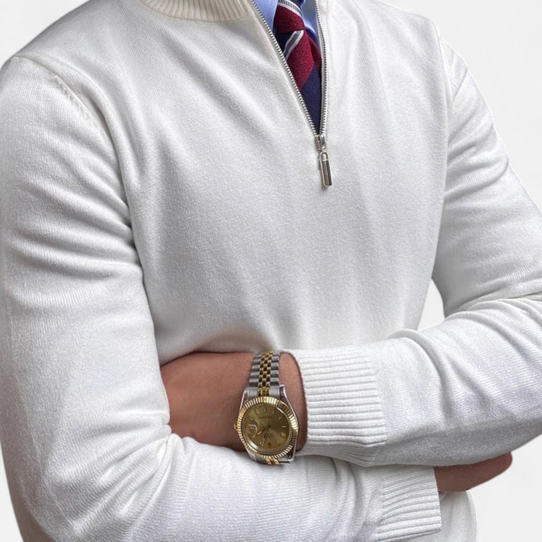 Front view of a men's half-zip casual knit sweater, ideal for everyday wear.