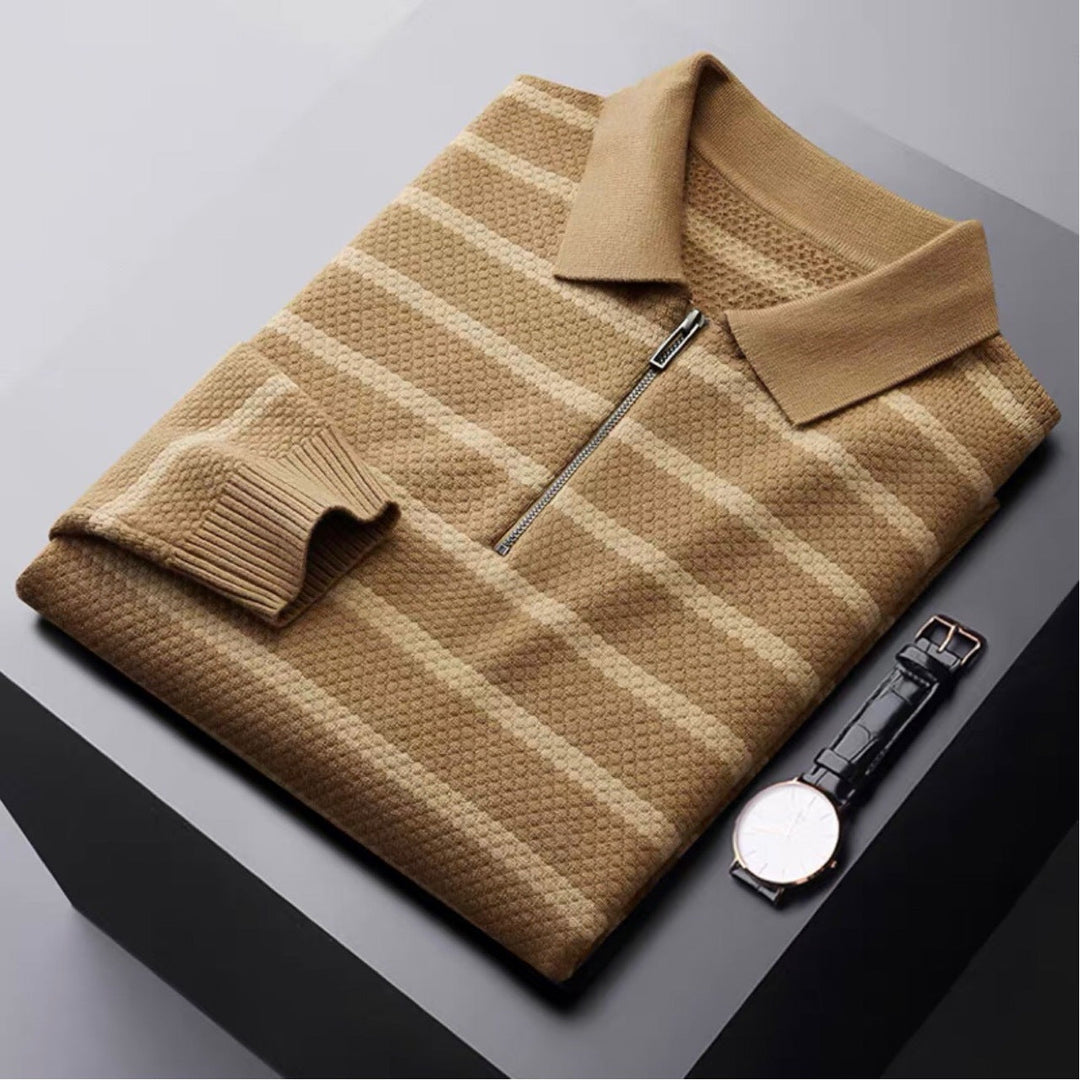 Stylish men's striped half-zip polo. Long sleeve casual top for spring & winter fashion. Everyday comfort pullover.