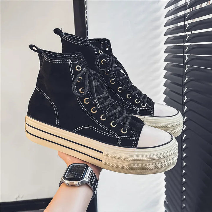 Durable men's high-top platform trainers, lace-up casual footwear with shock-absorbing sole.