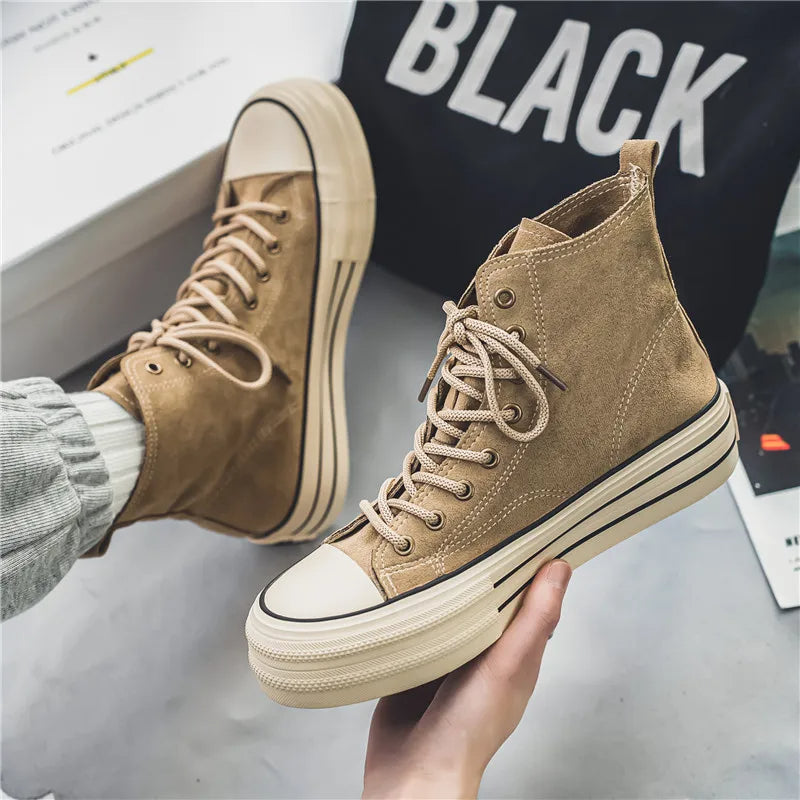 Men's lace-up high-top platform trainers, offering elevated style & comfort for street fashion.