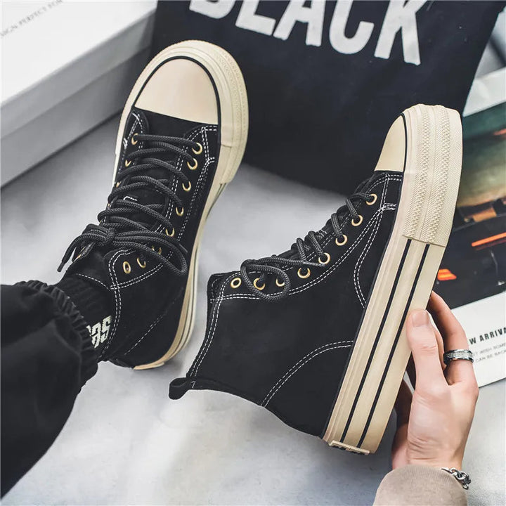Fashionable men's platform trainers, high-top design with shock absorption for active comfort.
