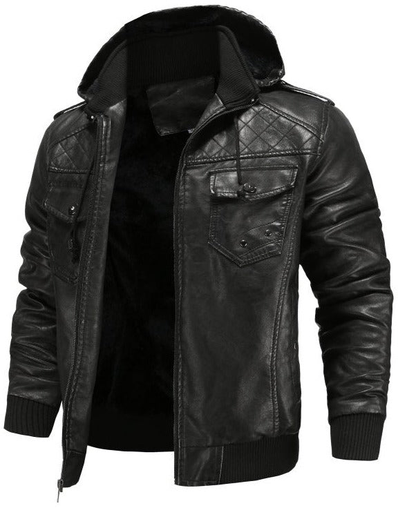 Stylish men's zip-up bomber jacket with hood and distinctive quilted shoulders for an urban look.