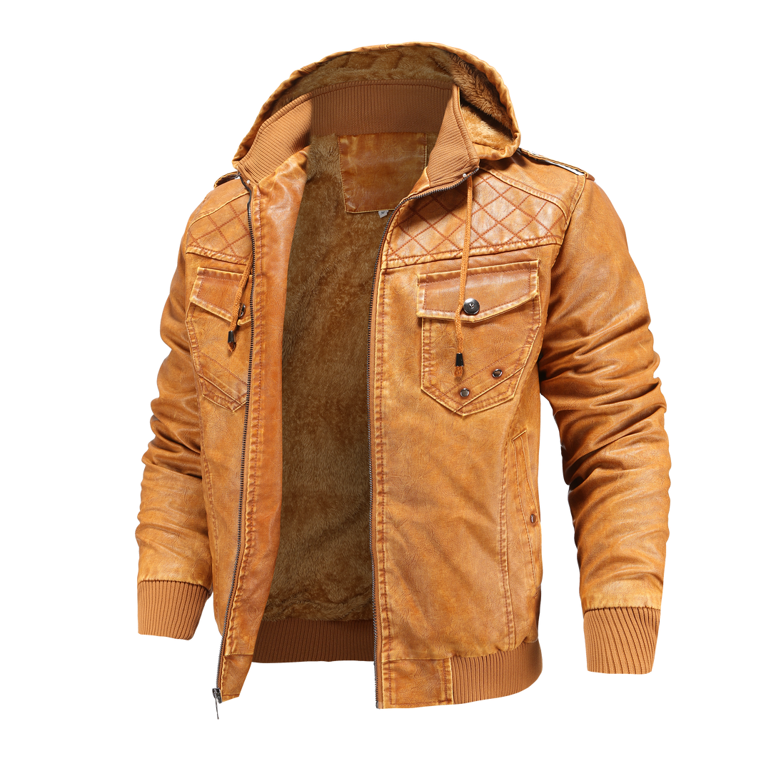Modern men's hooded bomber jacket for casual wear, featuring quilted shoulders for an urban fashion statement.
