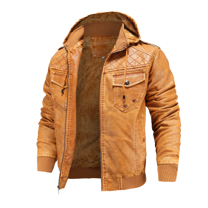Modern men's hooded bomber jacket for casual wear, featuring quilted shoulders for an urban fashion statement.