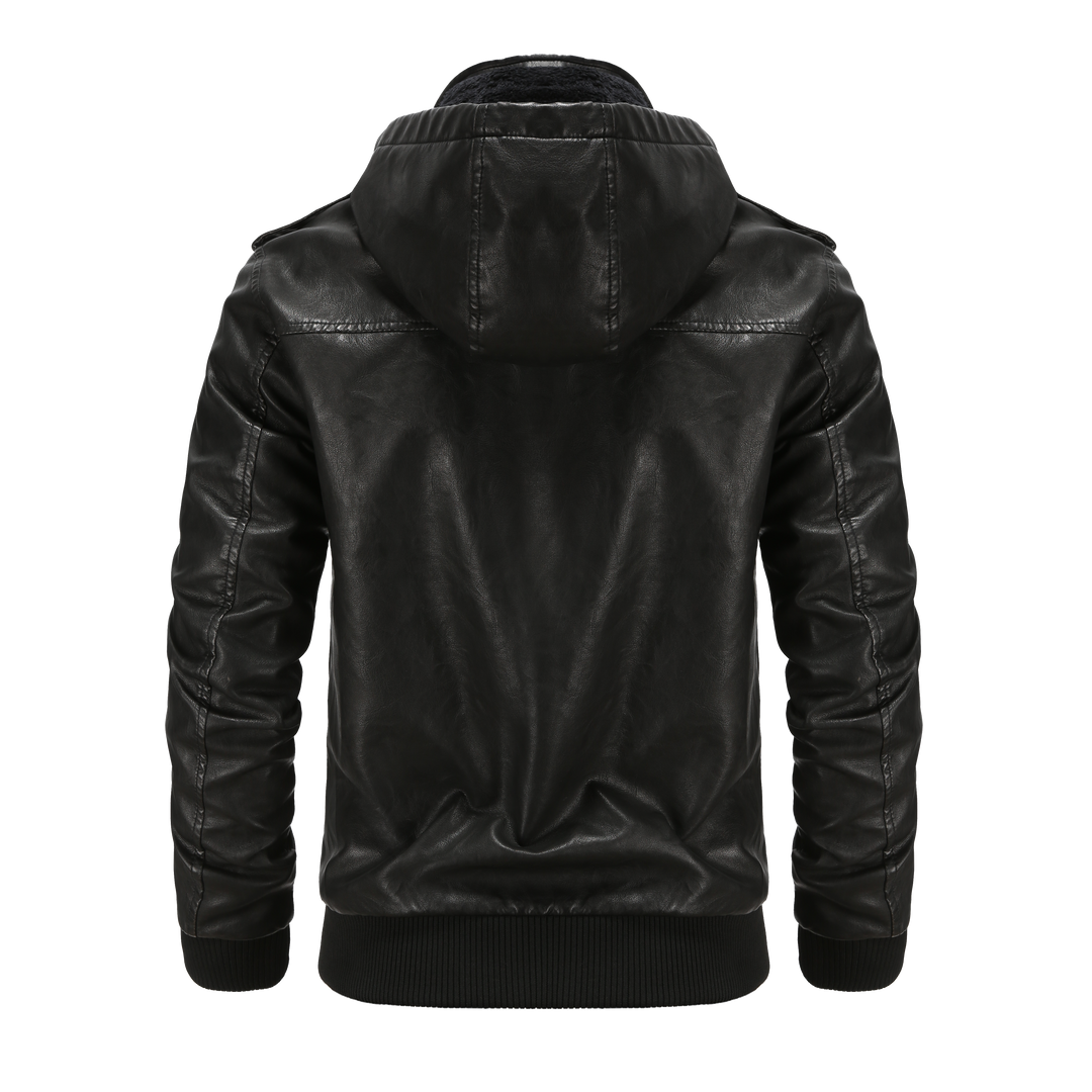 Comfortable men's bomber jacket with a hood, zip-up closure, and stylish quilted shoulders for urban fashion.