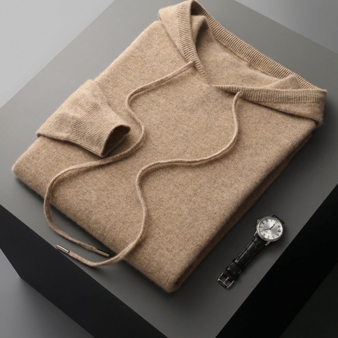 Men's casual hooded knit pullover sweater in a light gray color on a white background, perfect for spring layering.