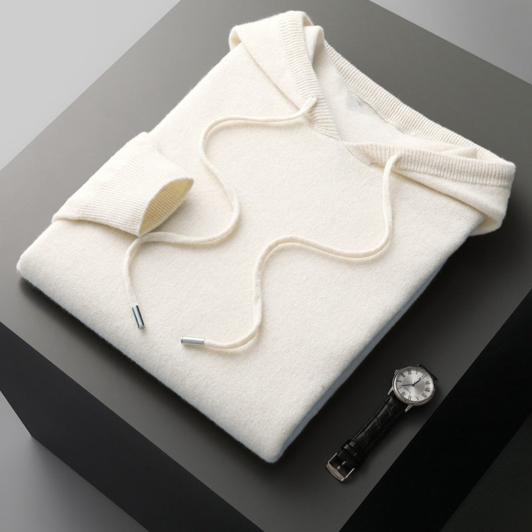 Comfortable men's knitwear pullover hoodie in navy blue, ideal for casual everyday wear during spring.
