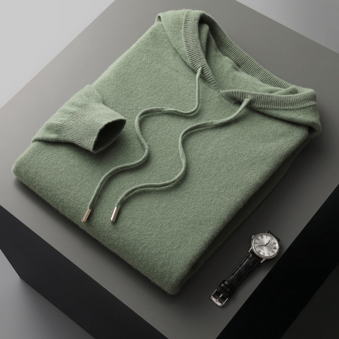 Stylish men's knit pullover sweater with hood in cream, offering a relaxed fit for comfortable spring outings.