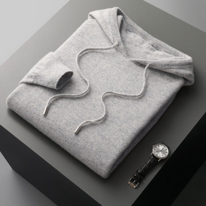 Back view of a men's casual hooded knit sweater in charcoal, displaying the simple, versatile design.