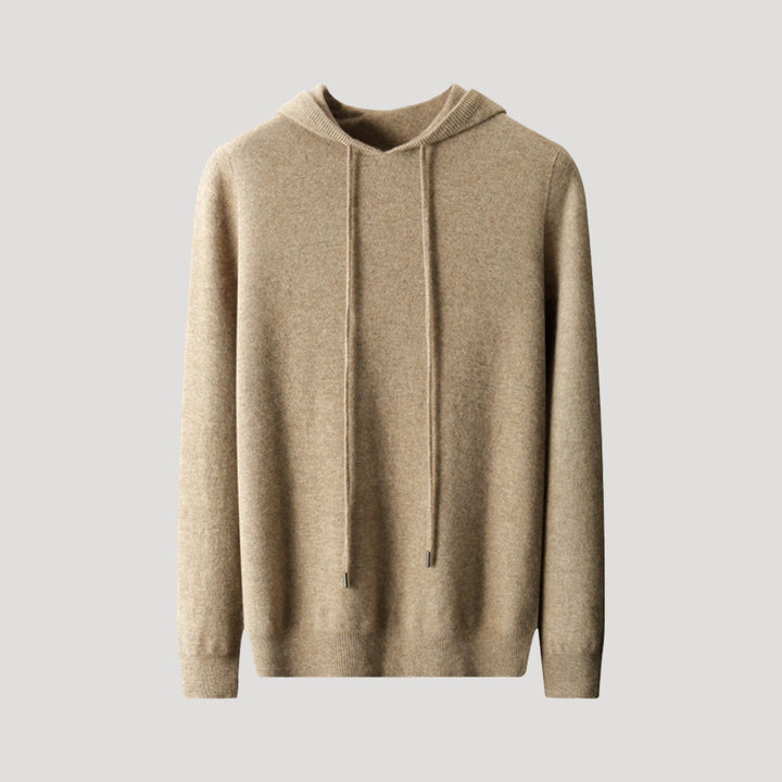 Relaxed fit men's hooded knit sweater in burgundy, a comfortable and casual option for cooler spring days.