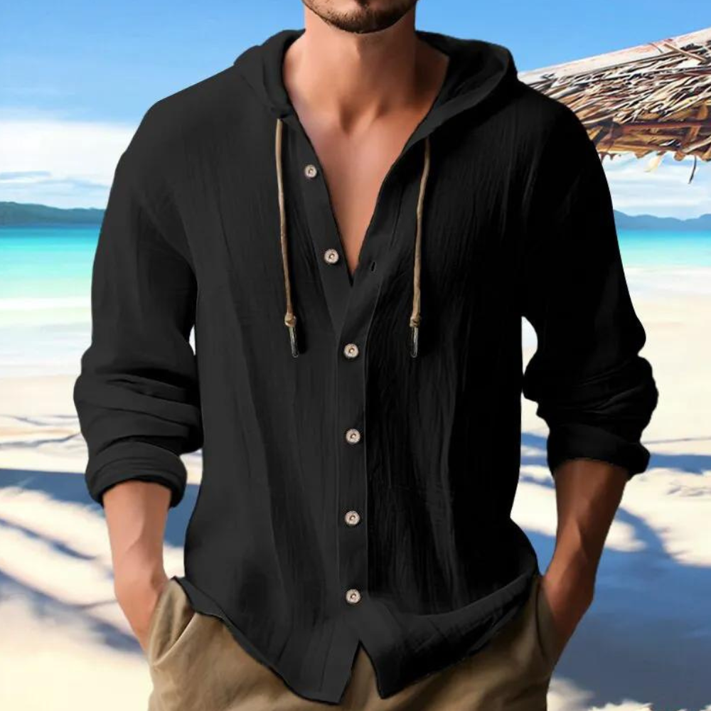 Men's casual hooded long sleeve shirt with relaxed fit, perfect for everyday comfort & style.