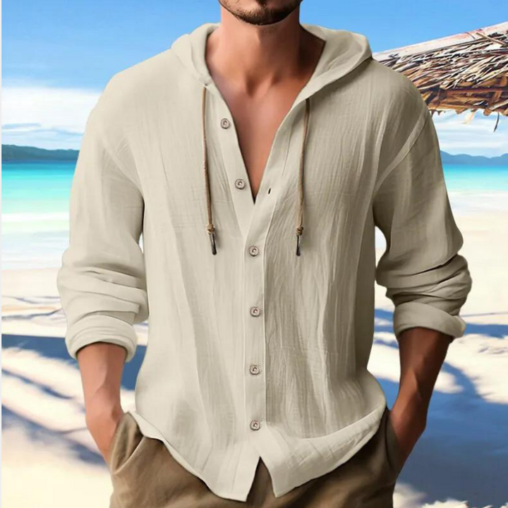 Stylish men's hooded long sleeve button-down shirt, ideal for casual wear, layering & modern fashion.