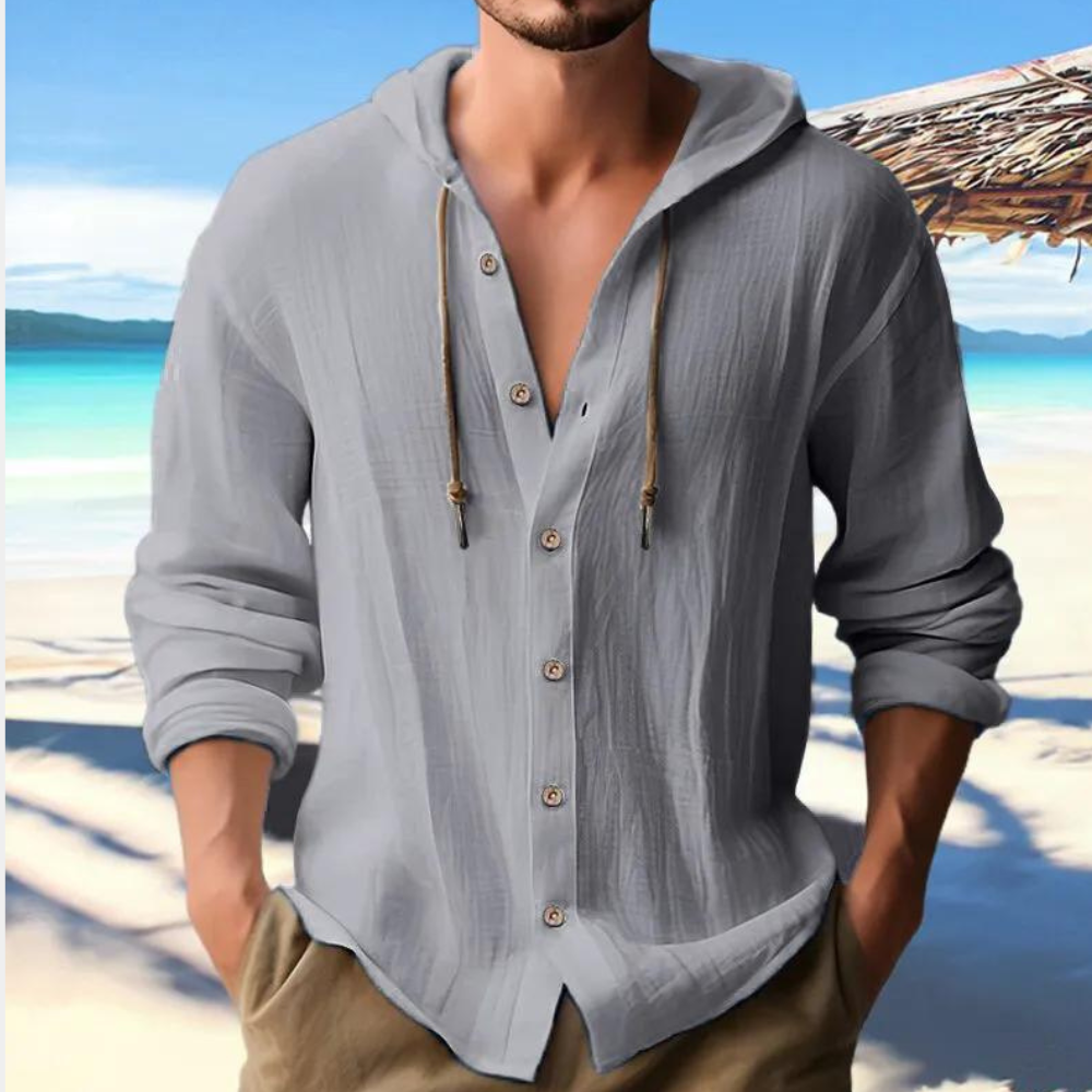 Comfortable men's long sleeve hooded shirt, relaxed fit, great for everyday wear & versatile styling.