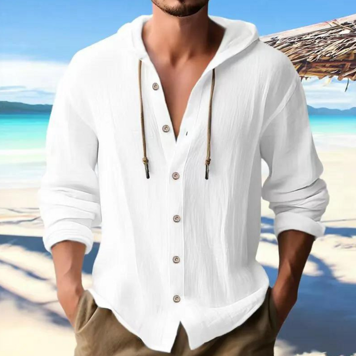 Men's relaxed fit hooded long sleeve top, casual button-down design, perfect for comfort & layering.