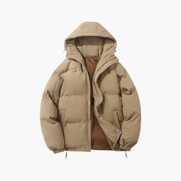 Men's casual hooded quilted puffer jacket in black, ideal for winter outerwear