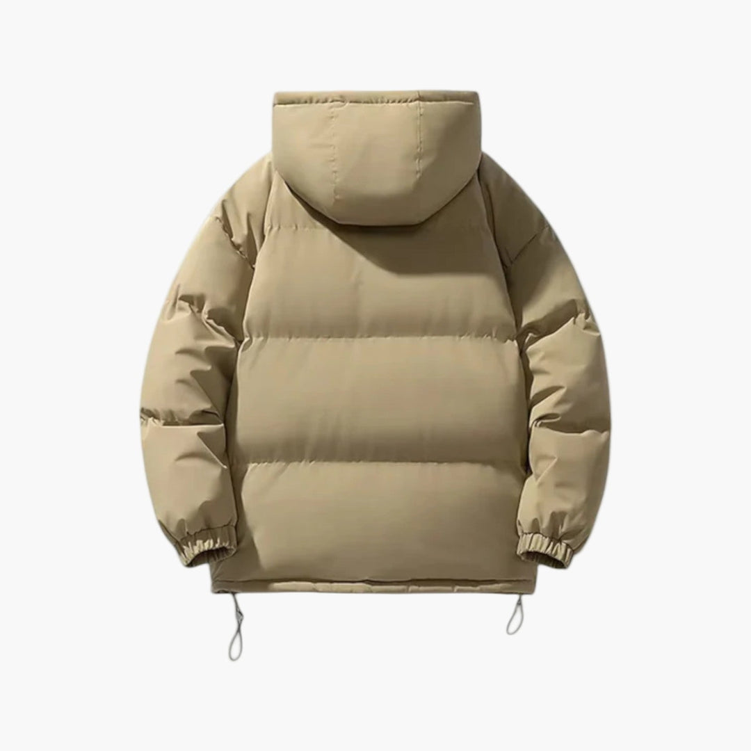 High-quality men's puffer jacket with hood and intricate quilting, winter essential