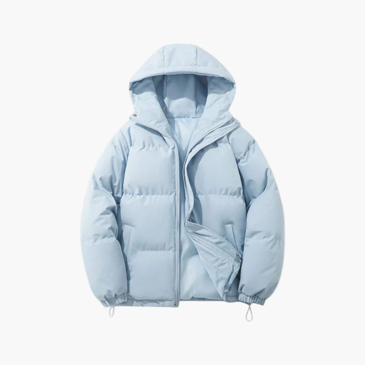 Warm men's puffer jacket with hood, diamond quilting, and full zip closure