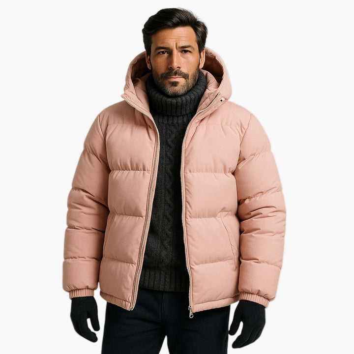 Front view of a men's warm hooded quilted puffer jacket, essential winter coat
