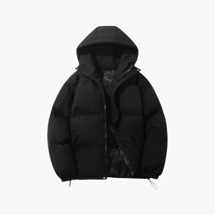 Side profile of men's casual hooded puffer jacket, durable outerwear for cold