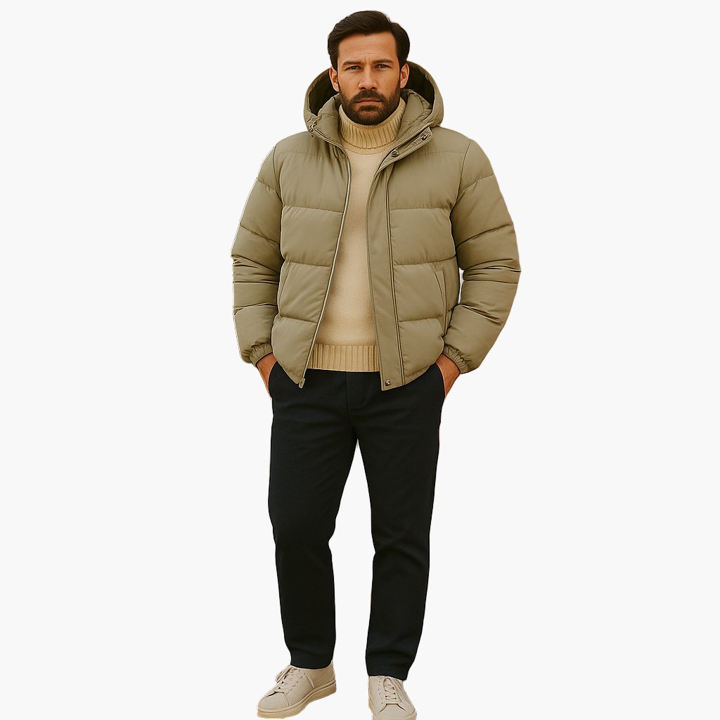 Back view of men's black quilted puffer jacket with a functional hood for warmth