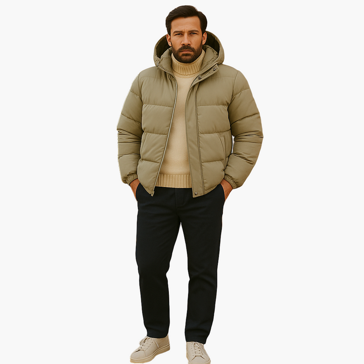 Back view of men's black quilted puffer jacket with a functional hood for warmth