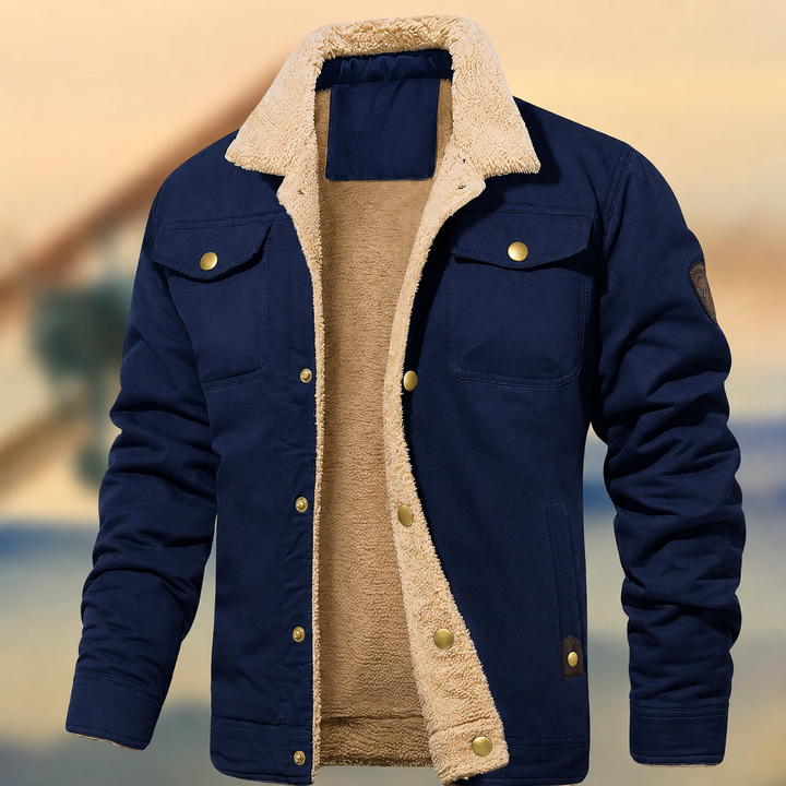 Comfortable men's button-down jacket, features a cozy sherpa collar. Ideal warm, stylish outerwear for casual wear.