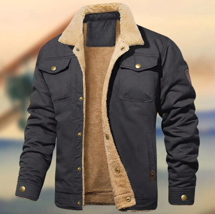 Warm men's casual jacket with plush sherpa collar. Modern long sleeve button-down for stylish autumn & winter layering.