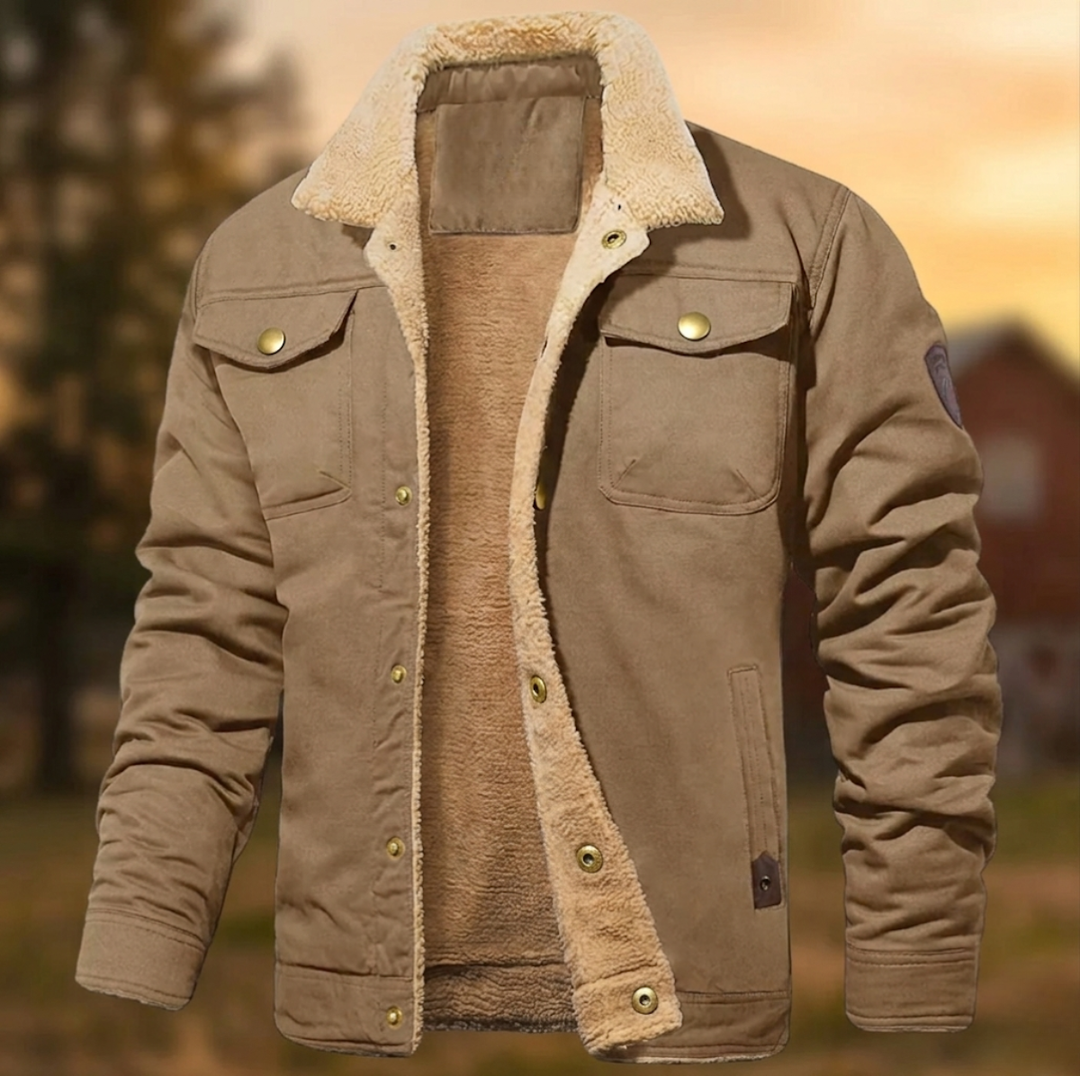 Stylish & warm men's casual jacket. Features a cozy sherpa collar and button-down front, perfect modern outerwear.