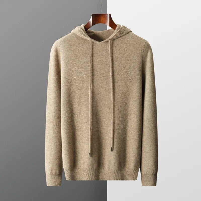 Men's casual knit hoodie sweater with drawstring. Comfortable long sleeve pullover for everyday.