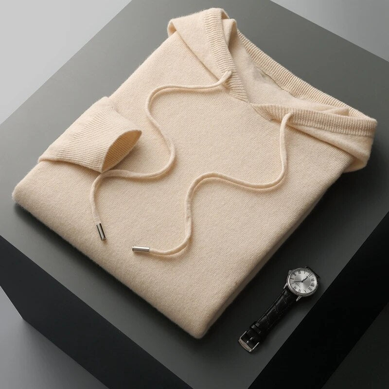 Soft knit men's drawstring hoodie. Comfortable long sleeve sweater, ideal for relaxing.