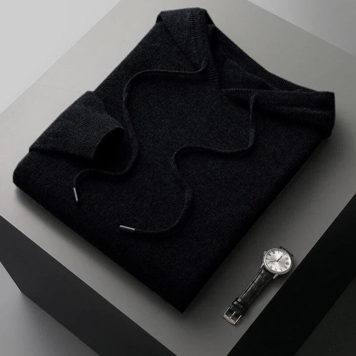 Fashionable men's knit hoodie sweater. Pullover design with drawstring, great for casual comfort.