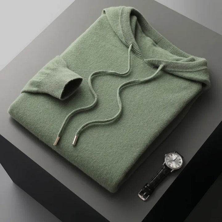 Men's drawstring knit hoodie sweater. Long sleeve pullover for casual and comfortable wear.