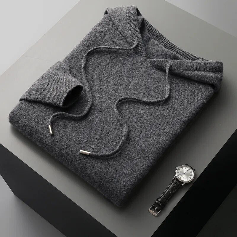 Adaptable men's knit hoodie sweater. Drawstring pullover, comfortable fashion for loungewear.