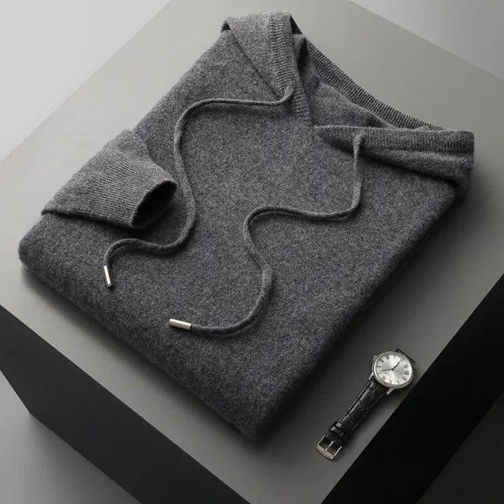 Adaptable men's knit hoodie sweater. Drawstring pullover, comfortable fashion for loungewear.